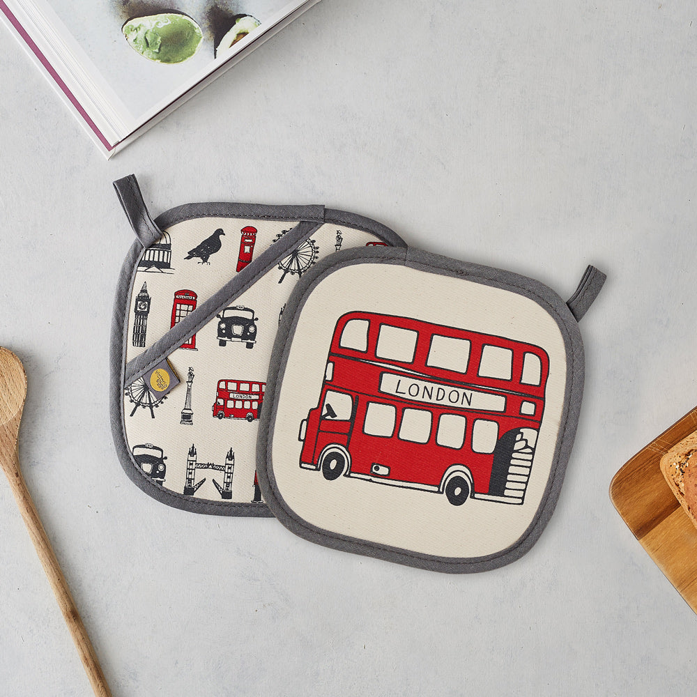 Pot grab featuring iconic London landscapes, Red London double decker bus pot grab, London kitchen accessories, Charcoal and red London pot grab, London kitchen gifts, Hand illustrated London pot grab