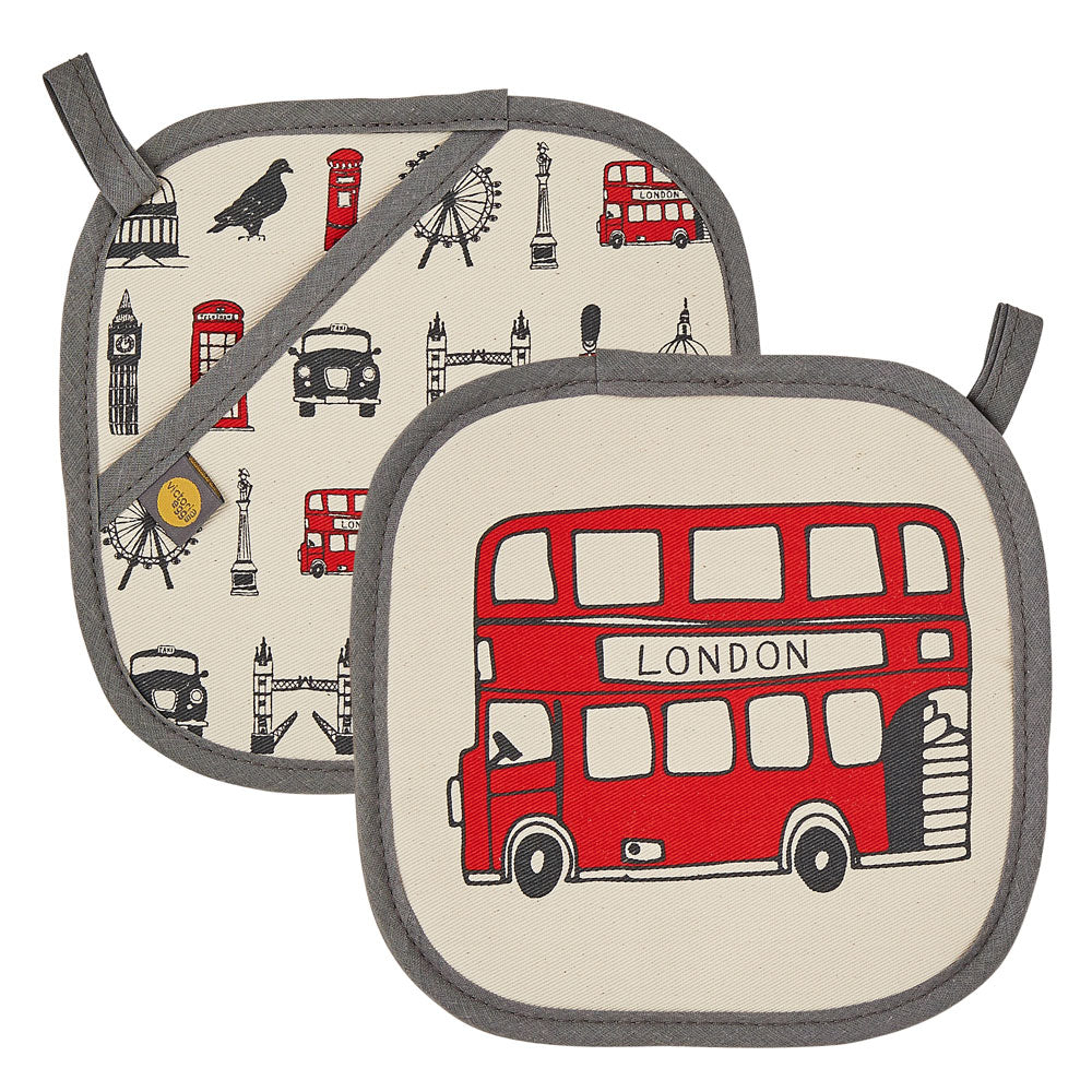Pot grab featuring iconic London landscapes, Red London double decker bus pot grab, London kitchen accessories, Charcoal and red London pot grab, London kitchen gifts, Hand illustrated London pot grab