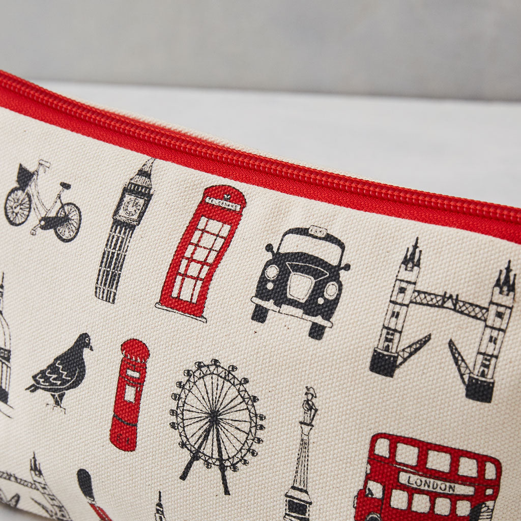 London cosmetic bag, London pencil case, London pencil case for children, Red and charcoal cosmetic bag, London themed cosmetic bag, Cosmetic bag featuring repeating London icons design, zip up London cosmetic bag, waterproof London cosmetic bag, Makeup a