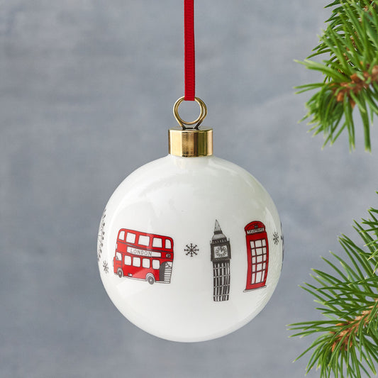 London Christmas ornament, London skyline ornament, Iconic London landscapes ornament, Iconic London landscapes bauble, London glass ornament, Charcoal and red London ornament, Charcoal and red London bauble, Bauble with repeating London design, Hand illu