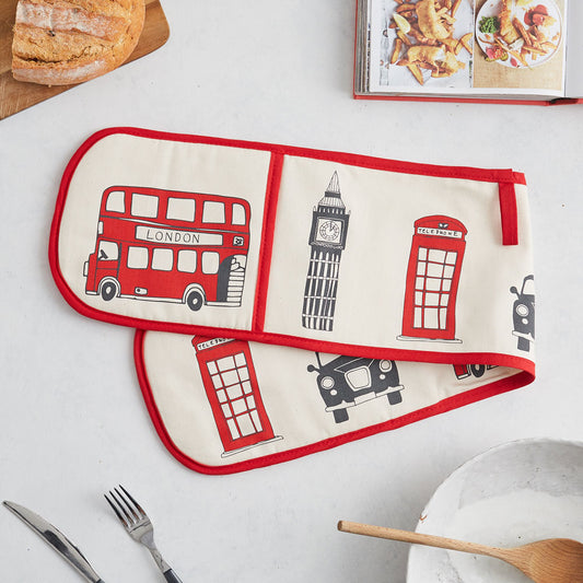 Iconic London double oven mitt, Oven glove featuring London landmarks, Red London oven glove, London kitchen accessories, Double oven glove with London landscapes, Oven glove featuring famous London icons