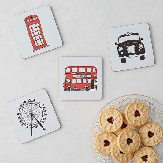 London coasters set, Iconic London coasters, set of 4 London coasters, Hand illustrated London iconic landscapes coasters, London coaster gift set, London Skyline coaster set