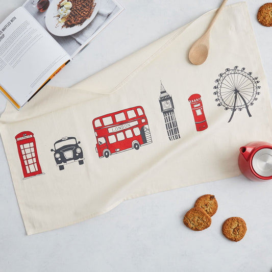 Iconic London skyline dish towel, London icons kitchen towel, Tea towel featuring iconic London landmarks, London homeware and kitchen gifts, Hand illustrated London tea towel 