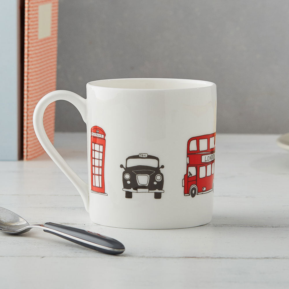 London fine bond china mug, London china mug, Mug featuring iconic London landscapes, Hand illustrated London icons mug, Simple London mug, Red London Bus mug, White China London Mug, Charcoal and Red London china mug 