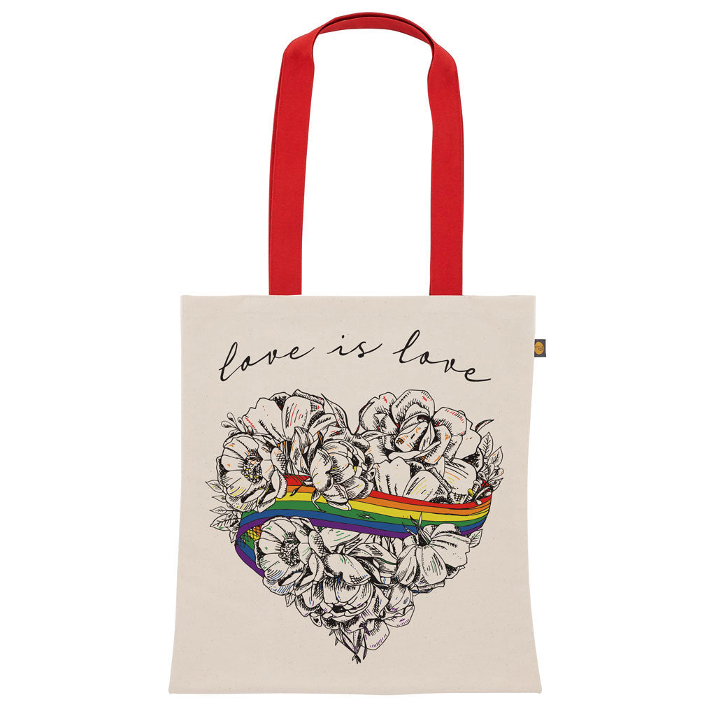 Love is Love, LGBTQ, Gay Pride, Canvas bag, tote bag, shopper bag,, rainbow, heart, roses, hand decorated, handmade in Britain, Victoria Eggs. Rainbow, roses, heart shaped, illustration.