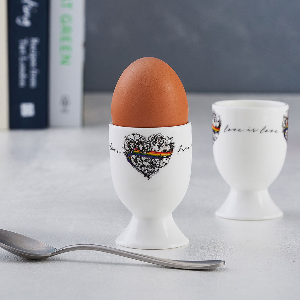 Love is Love, LGBTQ, Gay Pride egg cup, fine bone china, rainbow, heart, roses, hand decorated, made in Britain, Victoria Eggs