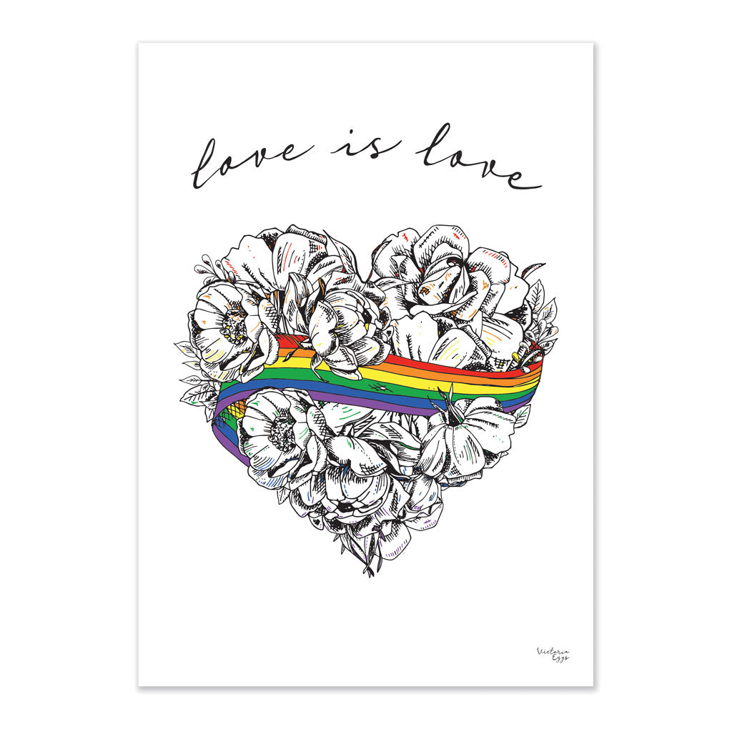 Love is Love, LGBTQ, Gay Pride, A3 print, A4 print, giclee print, wall art, digital print, rainbow, heart, roses, hand decorated, handmade in Britain, Victoria Eggs. Rainbow, roses, heart shaped, illustration.