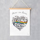 Love is Love, LGBTQ, Gay Pride, A3 print, A4 print, giclee print, wall art, digital print, rainbow, heart, roses, hand decorated, handmade in Britain, Victoria Eggs. Rainbow, roses, heart shaped, illustration.