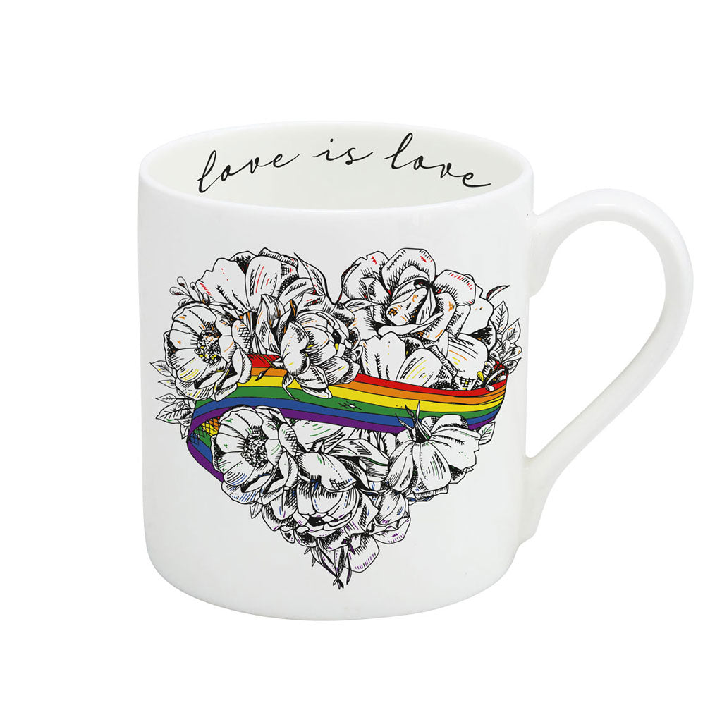 Love is Love, LGBTQ, Gay Pride mug, fine bone china, rainbow, heart, roses, hand decorated, made in Britain, Victoria Eggs. Rainbow, roses, heart shaped, illustration.