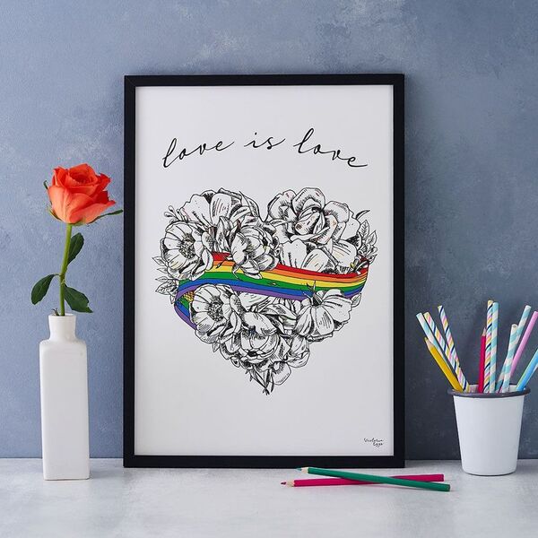 Love is Love, LGBTQ, Gay Pride, A3 print, A4 print, giclee print, wall art, digital print, rainbow, heart, roses, hand decorated, handmade in Britain, Victoria Eggs. Rainbow, roses, heart shaped, illustration.