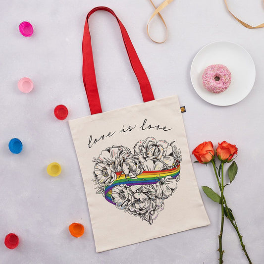 Love is Love, LGBTQ, Gay Pride, Canvas bag, tote bag, shopper bag,, rainbow, heart, roses, hand decorated, handmade in Britain, Victoria Eggs. Rainbow, roses, heart shaped, illustration.