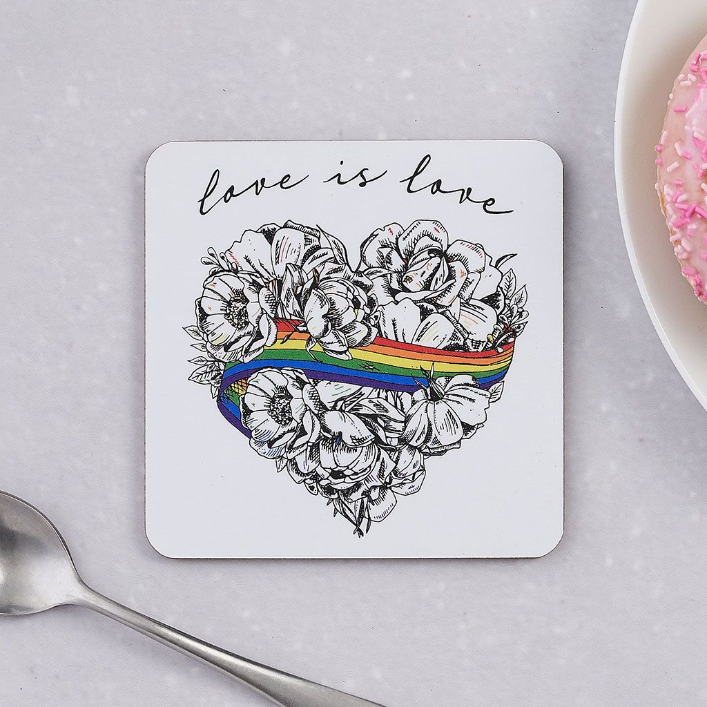 Love is Love, LGBTQ, Gay Pride, coaster, cork back, rainbow, heart, roses, hand decorated, handmade in Britain, Victoria Eggs. Rainbow, roses, heart shaped, illustration.