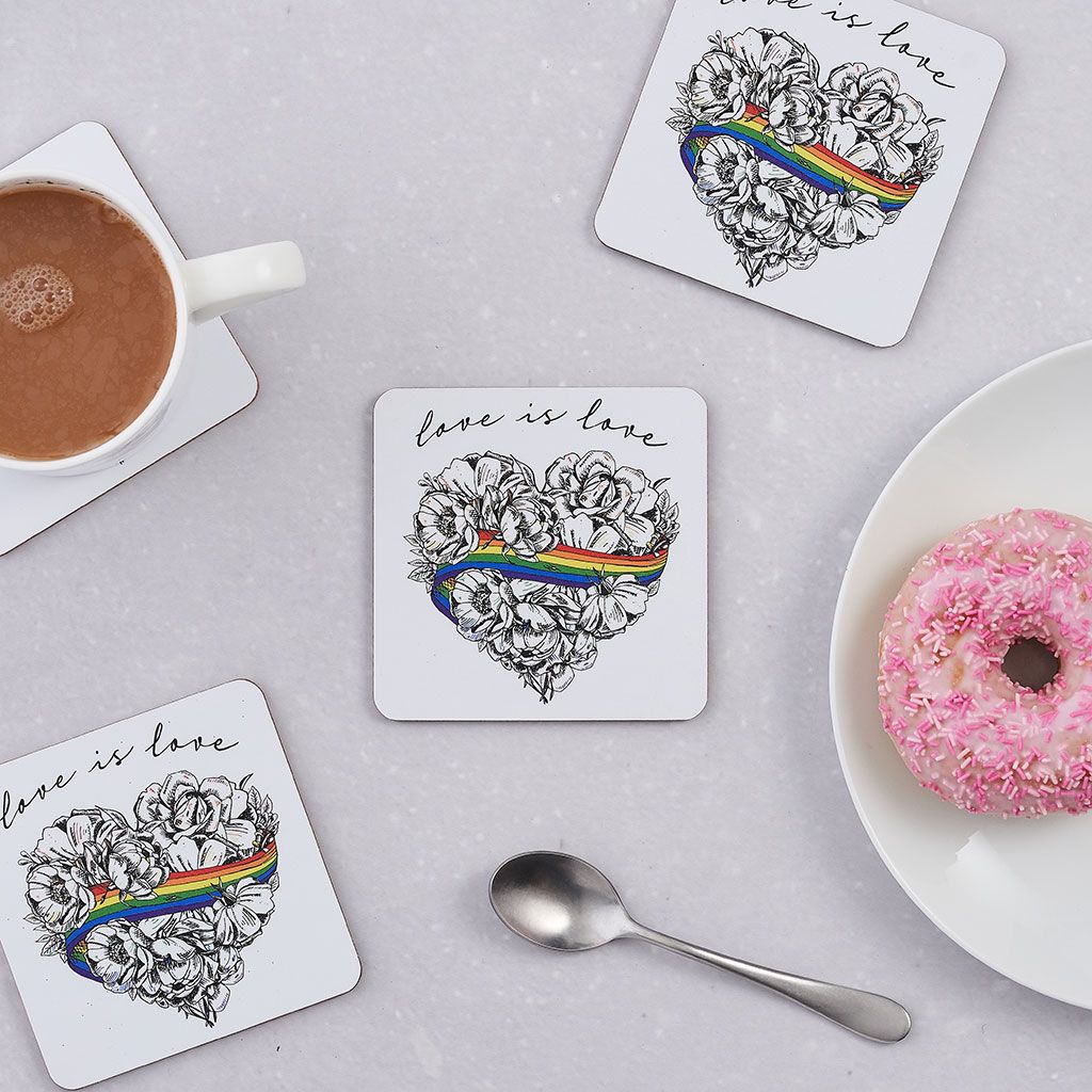 Love is Love, LGBTQ, Gay Pride, coaster, cork back, rainbow, heart, roses, hand decorated, handmade in Britain, Victoria Eggs. Rainbow, roses, heart shaped, illustration.