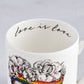 Love is Love, LGBTQ, Gay Pride mug, fine bone china, rainbow, heart, roses, hand decorated, made in Britain, Victoria Eggs. Rainbow, roses, heart shaped, illustration.