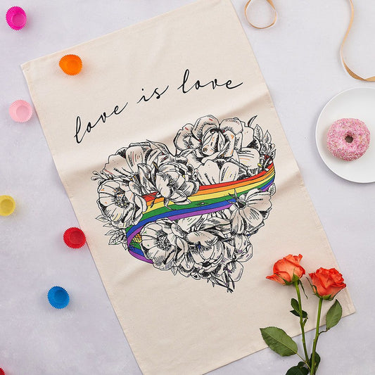 Love is Love, LGBTQ, Gay Pride, tea towel, organic cotton, hand made, heart shaped, illustration.