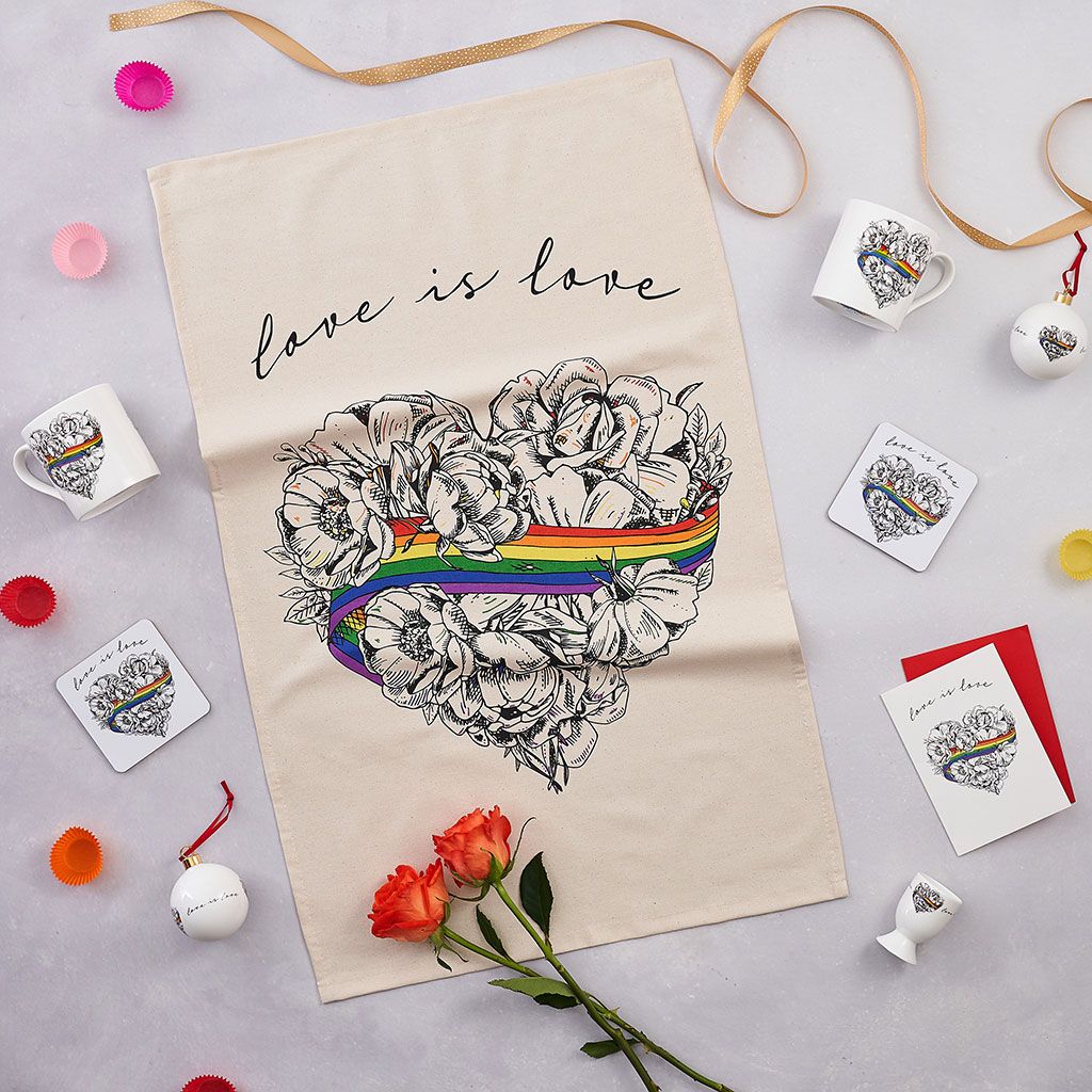 Love is Love, LGBTQ, Gay Pride mug, fine bone china, rainbow, heart, roses, hand decorated, made in Britain, Victoria Eggs. Rainbow, roses, heart shaped, illustration.