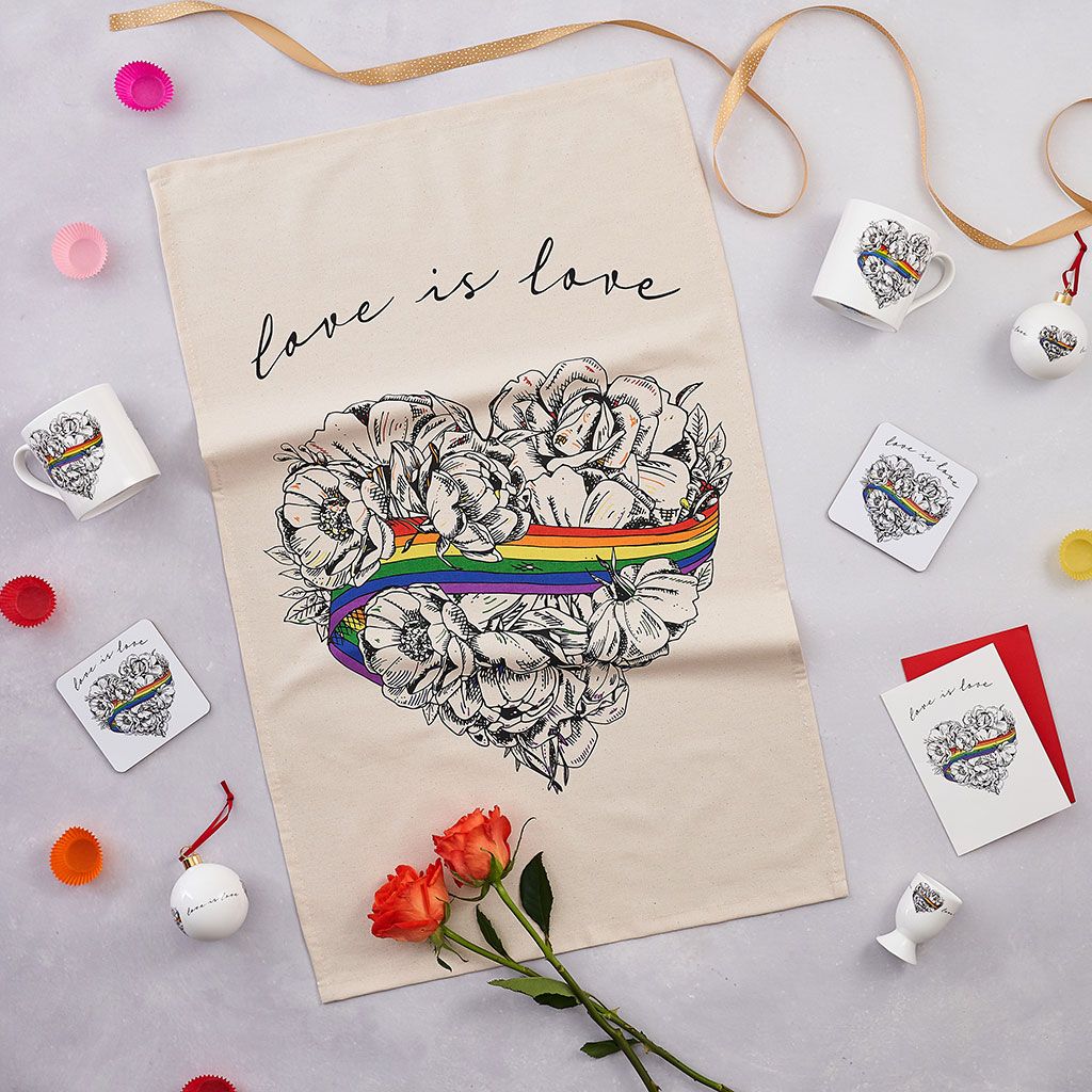 Love is Love, LGBTQ, Gay Pride, tea towel, organic cotton, hand made, heart shaped, illustration.