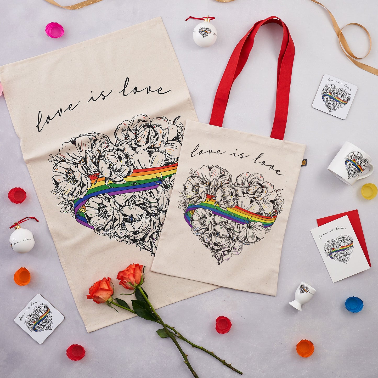 Love is Love, LGBTQ, Gay Pride, Canvas bag, tote bag, shopper bag,, rainbow, heart, roses, hand decorated, handmade in Britain, Victoria Eggs. Rainbow, roses, heart shaped, illustration.