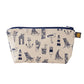 Cosmetic bag featuring repeating nautical design in navy, Pencil case featuring nautical design of repeating beachscape icons, Small nautical travel bag featuring repeating design of iconic nautical designs in navy
