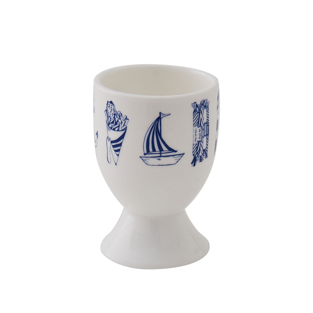 Nautical design egg cups featuring repeating pattern of navy nautical icons, Fine bone china egg cups featuring repeating nautical design, Navy and white nautical egg cups featuring hand illustrated nautical icons