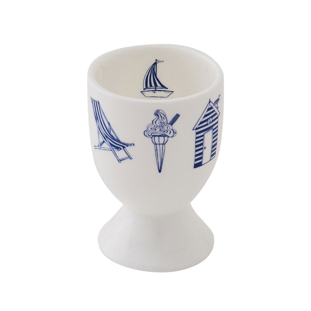 Nautical design egg cups featuring repeating pattern of navy nautical icons, Fine bone china egg cups featuring repeating nautical design, Navy and white nautical egg cups featuring hand illustrated nautical icons