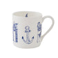 Fine bone china mug featuring nautical design in navy and white, Nautical mug featuring large nautical icons in navy and white, Fine china mug featuring nautical design in navy 