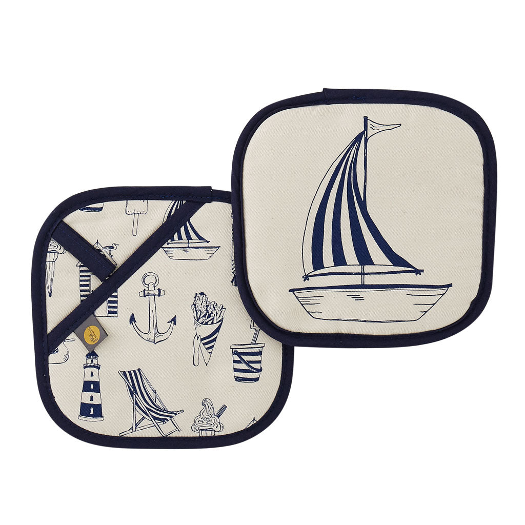 Nautical pot grab featuring repeating nautical icons design in navy, Double sided kitchen pot grab featuring large sailboat design and repeating nautical icons design in navy, Nautical navy pot grab featuring repeating pattern of nautical icons such as an