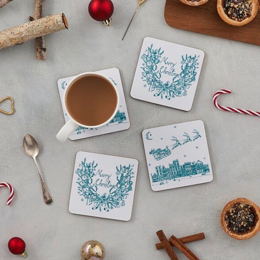 Set of four teal writing Merry Christmas coasters, Santa and his sleigh set of four coasters, Santa flying through the night sky Christmas coasters, Father Christmas and his reindeer coasters