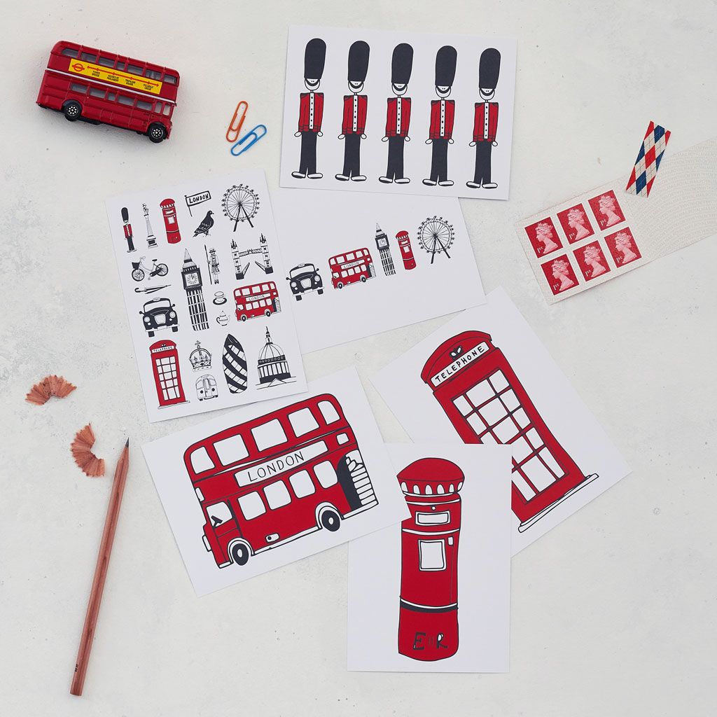 London icons post cards pack of 6, London bus, big ben, Oxo Tower, post box, taxi, telephone box, hand made in Britain, Victoria eggs, 