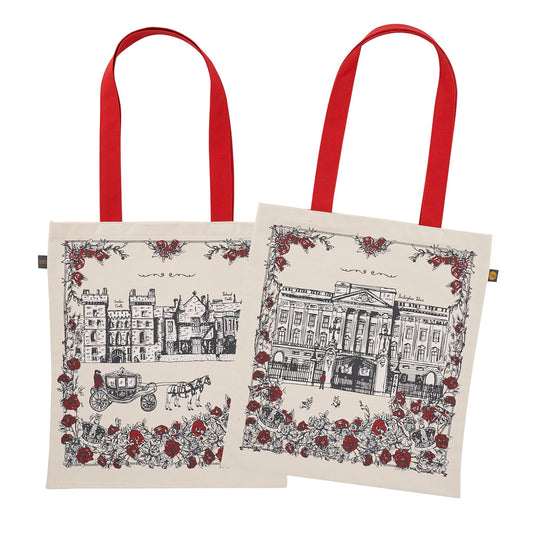 Canvas bag with Buckingham Palace design in charcoal and red, Canvas bag with red strap featuring Buckingham Palace, Canvas bag featuring iconic royal design, Charcoal and red canvas bag featuring hand illustrated royal icons