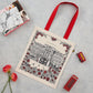Canvas bag with Buckingham Palace design in charcoal and red, Canvas bag with red strap featuring Buckingham Palace, Canvas bag featuring iconic royal design, Charcoal and red canvas bag featuring hand illustrated royal icons