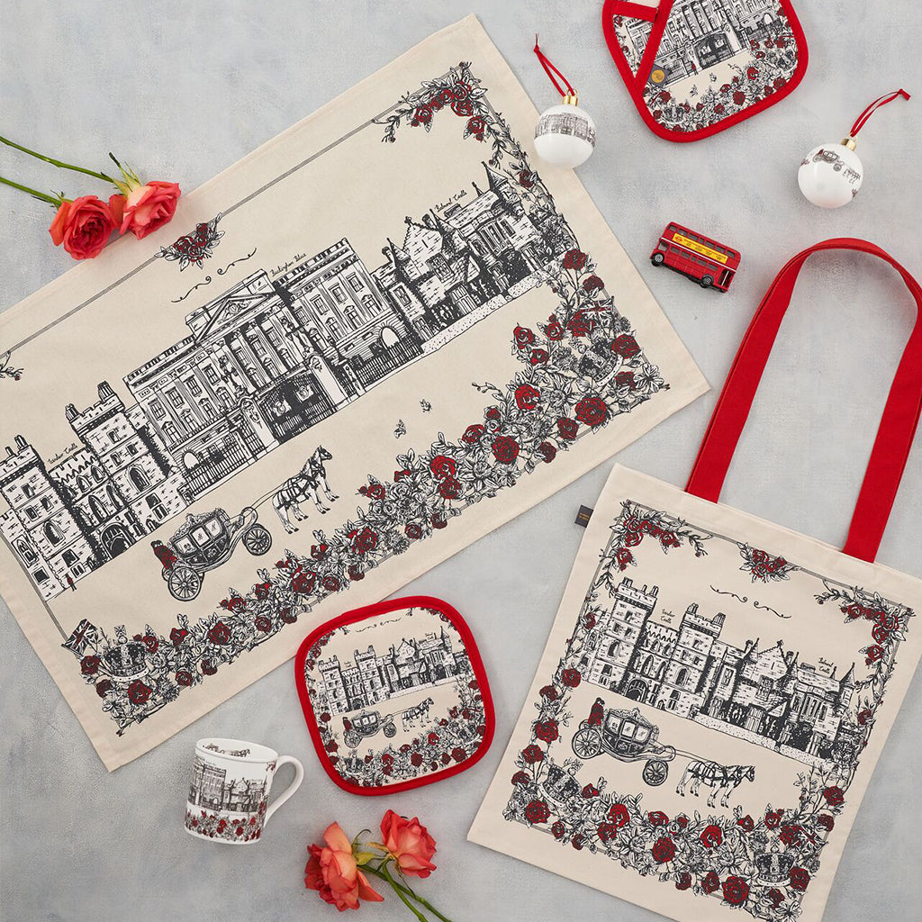 Canvas bag with Buckingham Palace design in charcoal and red, Canvas bag with red strap featuring Buckingham Palace, Canvas bag featuring iconic royal design, Charcoal and red canvas bag featuring hand illustrated royal icons