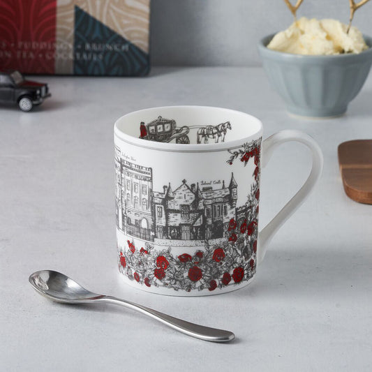 Fine bone china mug featuring design of iconic royal design, Red and charcoal fine china mug featuring Buckingham Palace, London mug featuring Buckingham palace and Windsor Castle, London mug featuring royal design and pattern in charcoal and red