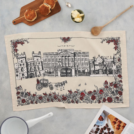 Tea towel featuring design of London's Buckingham Palace, Tea towel featuring charcoal and red Buckingham Palace design, Hand illustrated Buckingham Palace tea towel, Buckingham Palace kitchen towel, Buckingham Palace dish towel