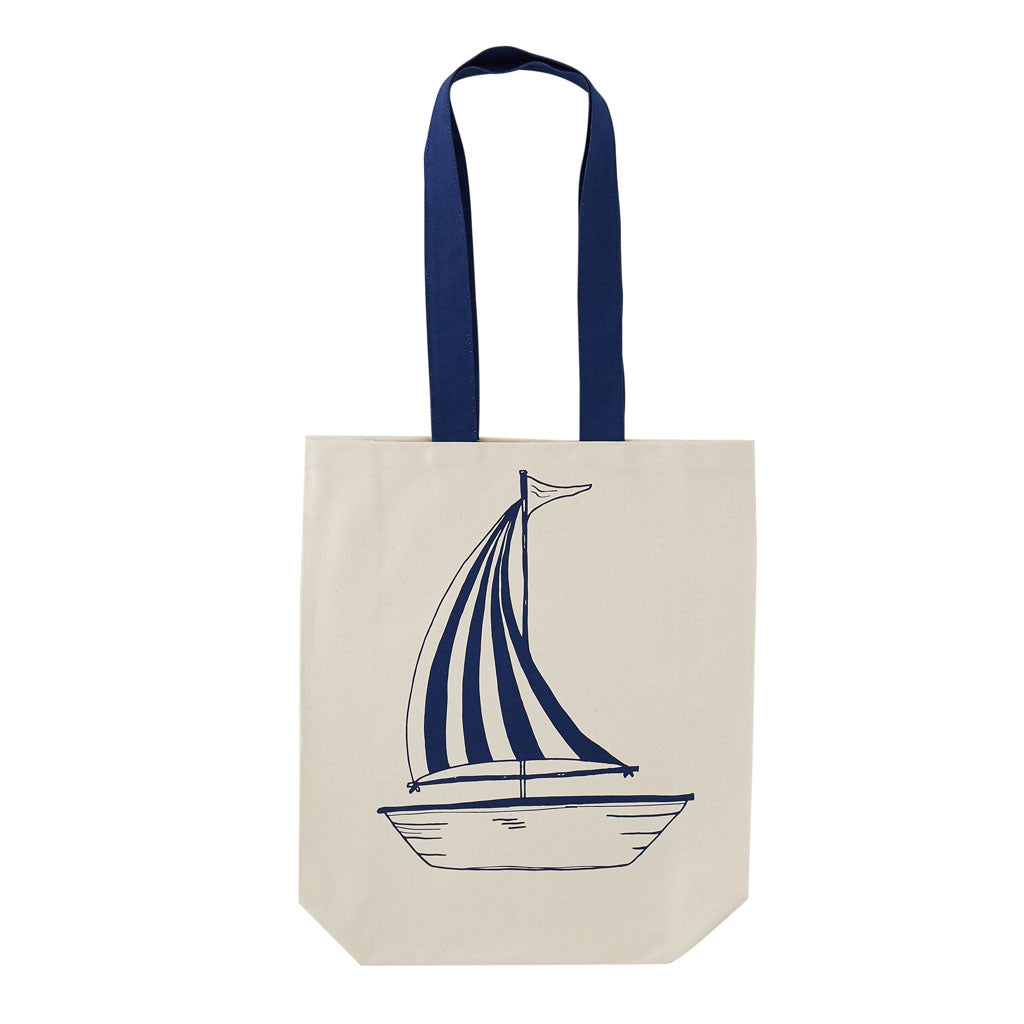 Double sided canvas bag featuring nautical design of an anchor and sailboat, Nautical canvas bag featuring both an anchor and sailboat design in navy, Reusable nautical bag featuring large anchor and sailboat design in navy