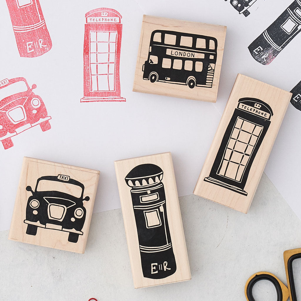 Set of 4 London rubber stamp set, Iconic London stamp set, London stationary stamp set, London scrapbooking stamp set, Hand illustrated London stamp set, London icon set of 4 stamps