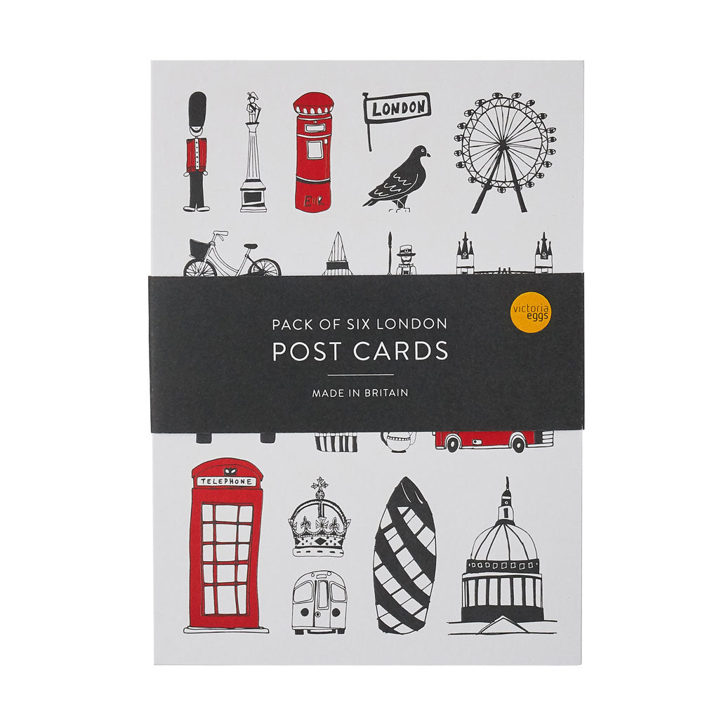 London icons post cards pack of 6, London bus, big ben, Oxo Tower, post box, taxi, telephone box, hand made in Britain, Victoria eggs, 