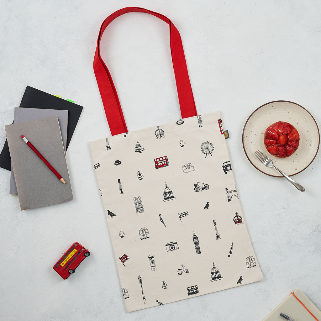 Simply London Canvas Bag, shopper bag, tote bag, London Bus, Big Ben, St Paul's Cathedral, Queen's Guard, made in Britain, Victoria eggs