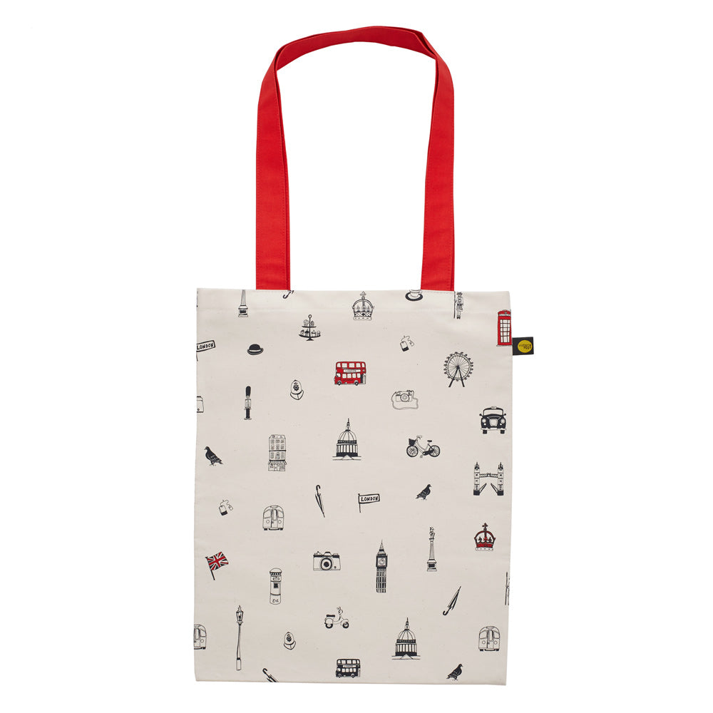 Simply London Canvas Bag, shopper bag, tote bag, London Bus, Big Ben, St Paul's Cathedral, Queen's Guard, made in Britain, Victoria eggs
