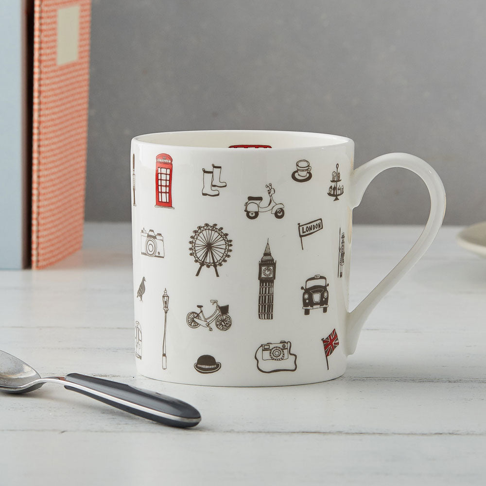 London fine bone china mug, London china mug, London tea mug, Mug featuring iconic London icons, London themed mug, Hand illustrated London mug, London souvenirs and gifts, Iconic London kitchen gift