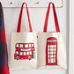 Red double decker bus canvas bag, reusable London canvas bag, London telephone box canvas bag, Red London canvas bag, reusable London icons canvas bag, durable London canvas bag, double sided London canvas bag