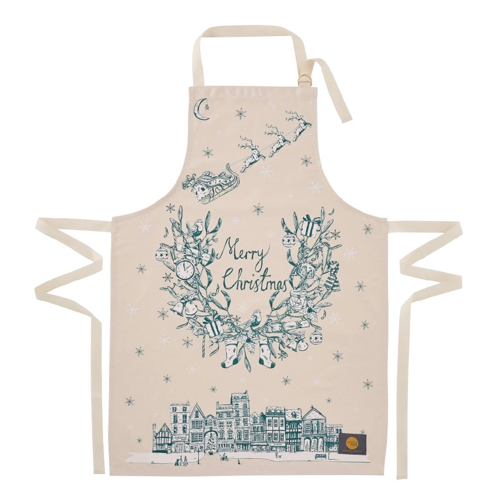 Santa and his reindeer flying over town Christmas apron, Santa delivering presents Christmas apron, Teal Christmas apron, Teal Christmas apron with Santa and his reindeer, Teal Merry Christmas apron