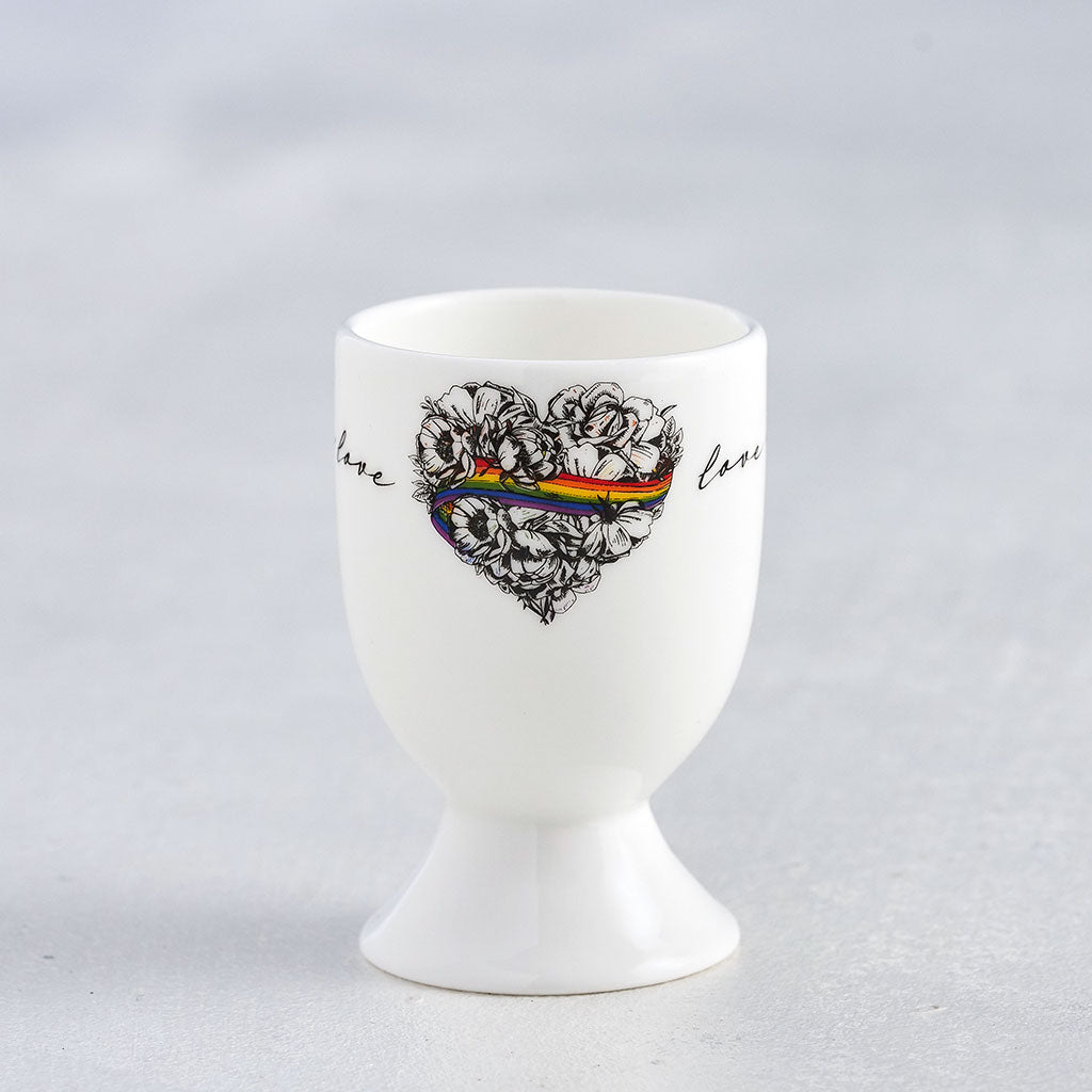 Love is Love, LGBTQ, Gay Pride egg cup, fine bone china, rainbow, heart, roses, hand decorated, made in Britain, Victoria Eggs