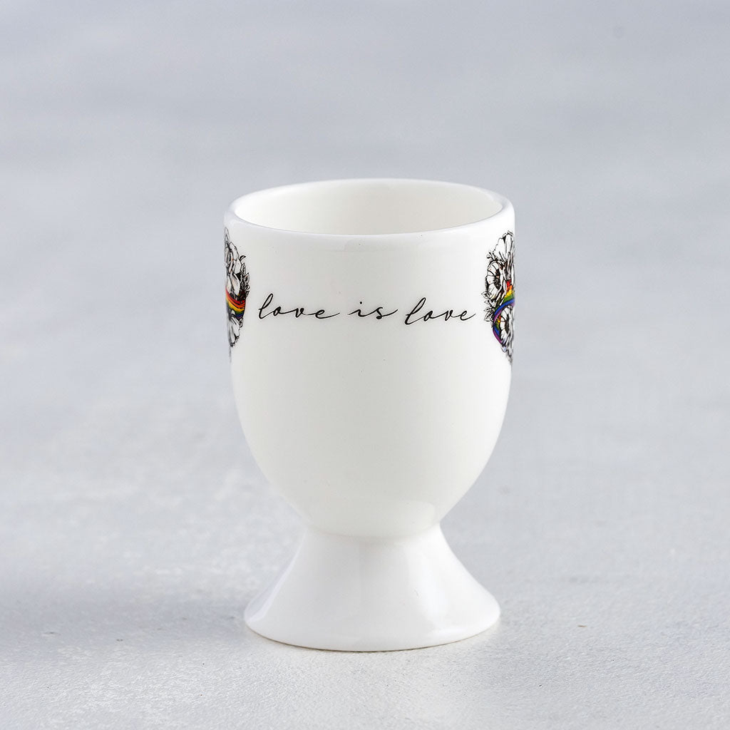 Love is Love, LGBTQ, Gay Pride egg cup, fine bone china, rainbow, heart, roses, hand decorated, made in Britain, Victoria Eggs