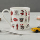 Fine bone china mug featuring repeating New York City icons design, Mug featuring red and charcoal repeating New York design, Fine china mug featuring design of NewYork City icons