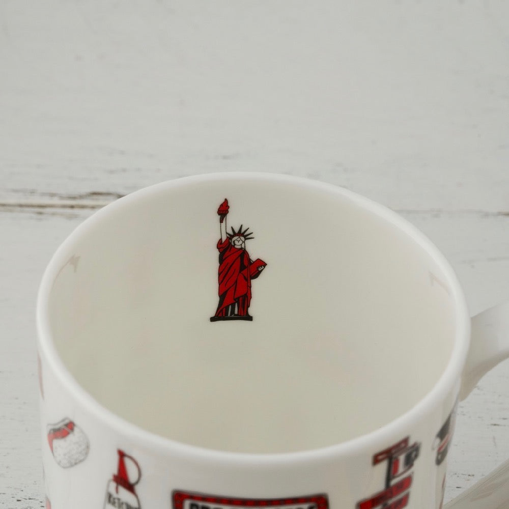 Fine bone china mug featuring repeating New York City icons design, Mug featuring red and charcoal repeating New York design, Fine china mug featuring design of NewYork City icons