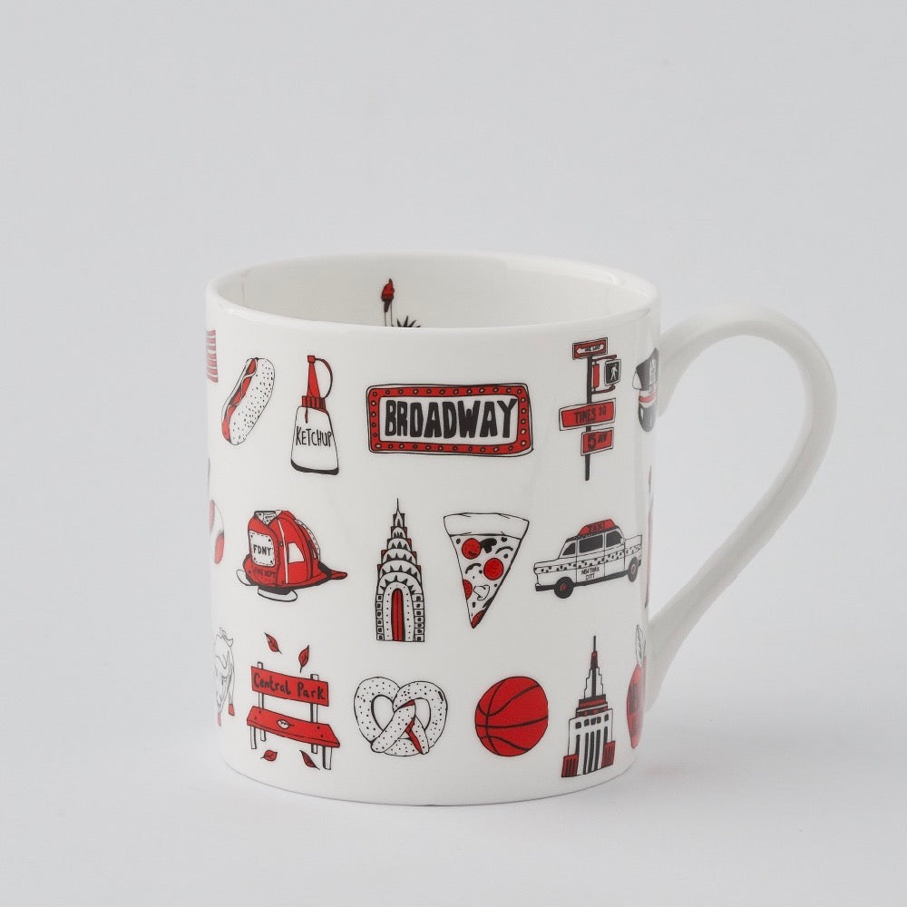 Fine bone china mug featuring repeating New York City icons design, Mug featuring red and charcoal repeating New York design, Fine china mug featuring design of NewYork City icons