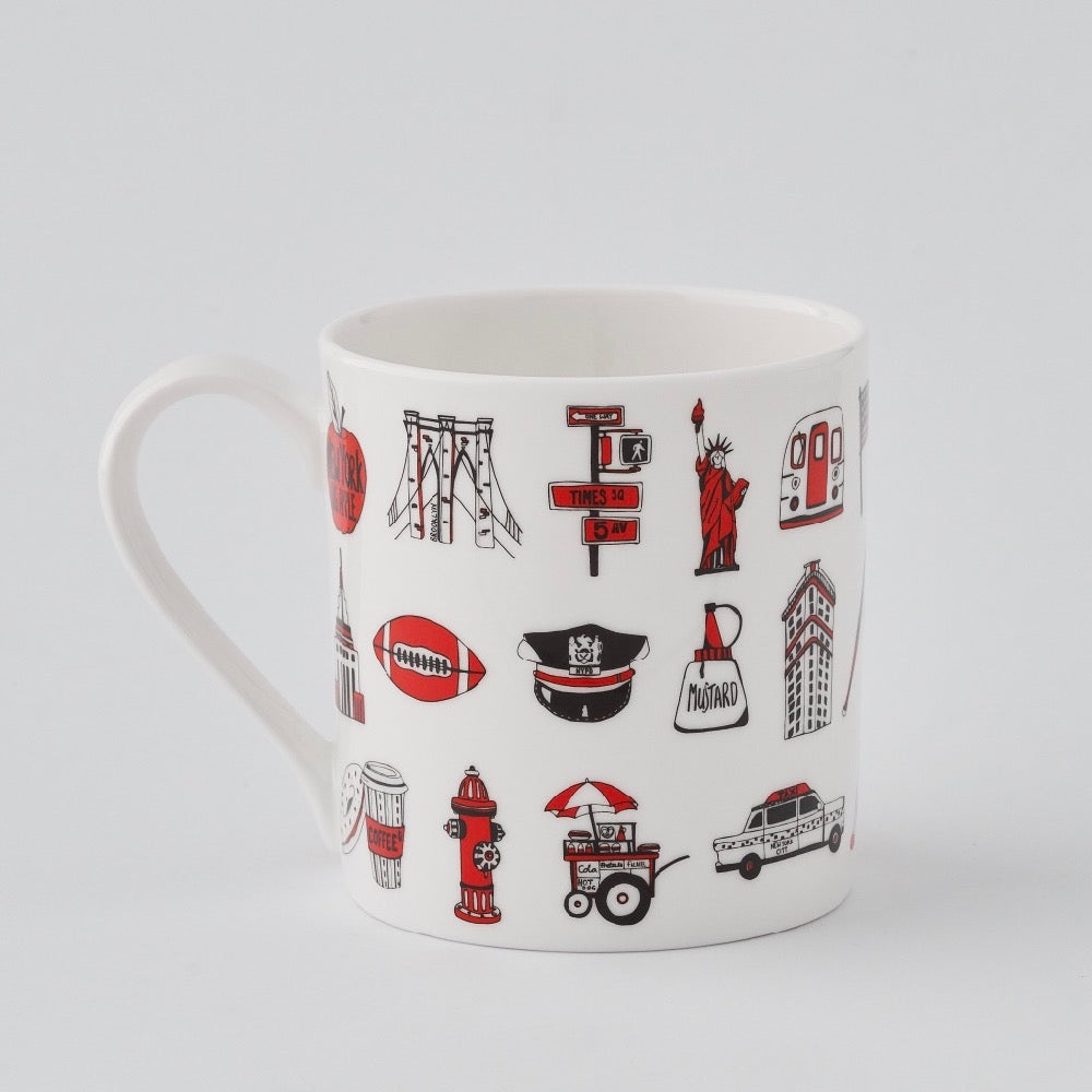 Fine bone china mug featuring repeating New York City icons design, Mug featuring red and charcoal repeating New York design, Fine china mug featuring design of NewYork City icons