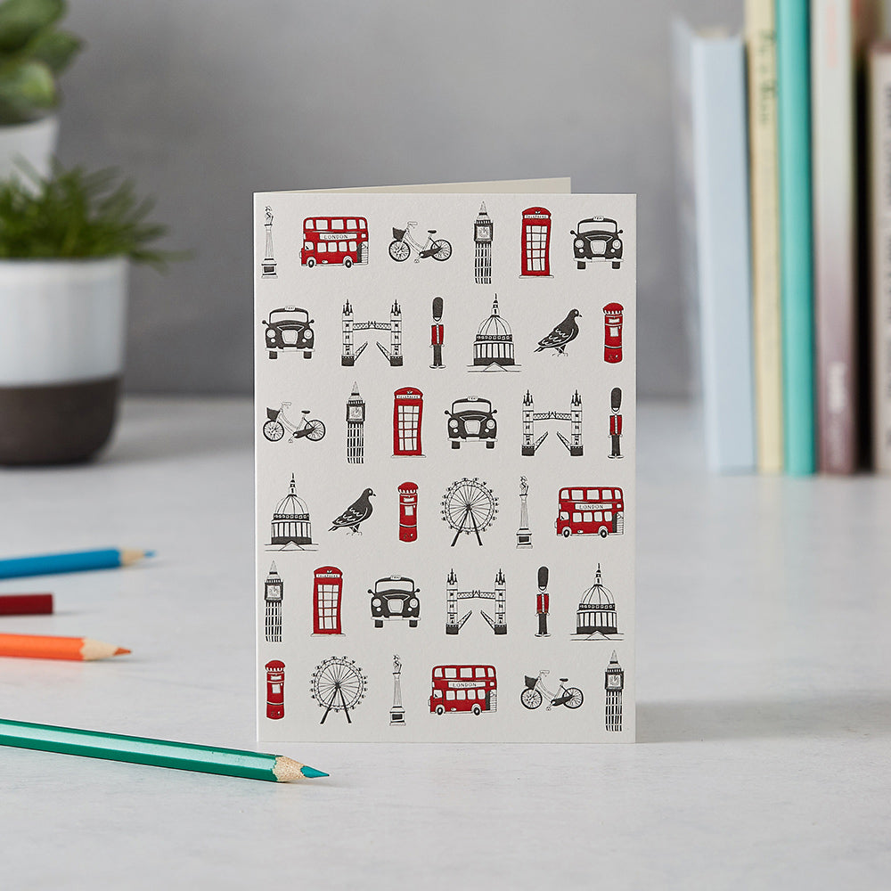 Greeting card with repeating London design, Greeting card with London telephone box, London stationary set, Greeting card with iconic London landscapes, Charcoal and red London greeting card, hand illustrated London greeting card
