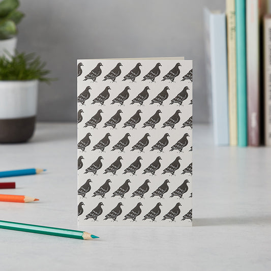 Greeting card with repeating pigeon design, Black and white pigeon greeting card, London Pigeon stationary, Iconic London greeting card, Hand illustrated London greeting card